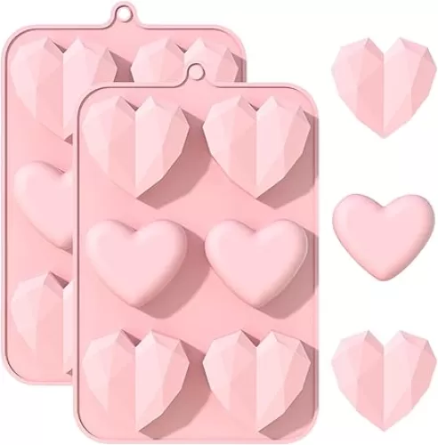 2Pcs Silicone Heart Molds for Baking, 12-Cavity Nonstick Diamond Heart Shaped Chocolate Mold, Geometric Heart Mousse Cake Candy Mold for Valentin's Day Ice Cube Soap Jelly Cheesecake Candle, Pink