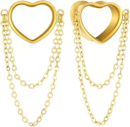 2PCS Women Dangle Earrings 6mm-25mm, (2G-1inch) Heart Double Chain Earrings Ear Tunnels hangers for stretched, Hypoallergenic Body Piercing Jewelry