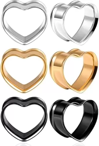 3 Pairs/6 Pairs Set Heart Shape Tunnels Plugs Gauges for Ears Piercing Jewelry Black Gold 2g 0g Stainless Steel Ear Dangle Accessories For Women Mens