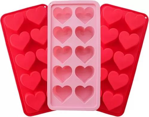 3 Pcs Heart Shaped Ice Cube Trays - 10-Cavity Silicone Molds in Pink & Red for Ice Cubes, Candy & Chocolate