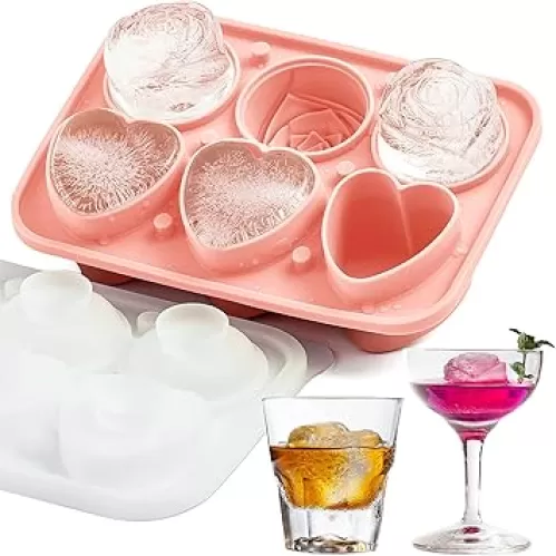 3 Rose & 3 Heart Shaped Ice Cube Tray, MEETRUE Silicone Ice Cube Tray with Clear Funnel-type Lid Novelty Rose Ice Cube Mold Ice Ball Maker Mold Ice Tray for Cocktails Whiskey Chilled Drinks, Pink