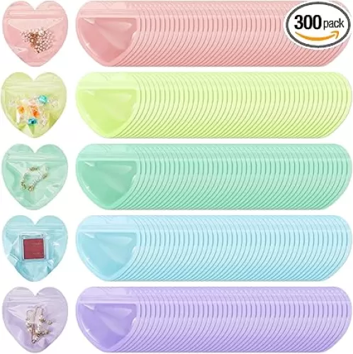 300 Pcs Heart-shaped Jewelry Packaging Bags Small Jewelry Transparent Resealable Cute Treat Bags for Business Wedding Birthday Festival Party Favor Supplies