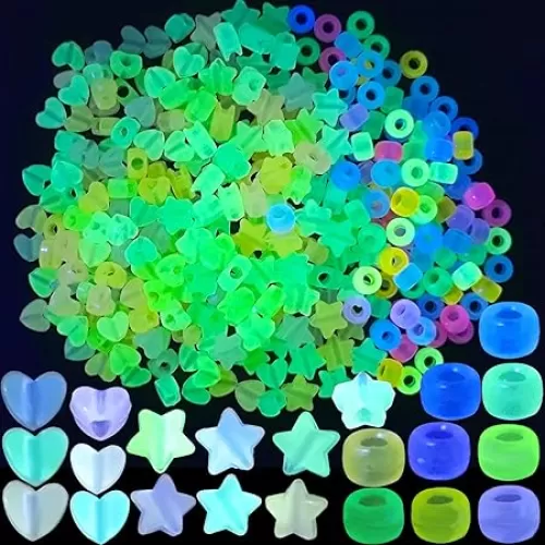 300pcs Glow in The Dark Pony Beads Large Hole Colored Pentagram Star Heart Barrel Shape Luminous Glow Hair Loose Beads Bulk for DIY Hair Braiding Bracelet Necklace Earrings Keychains Crafts