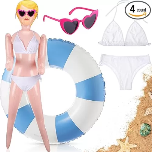 4 Pcs Summer Inflatable Blow up Doll Set Includes 59 Inches No Moving Parts Doll Striped Large Swim Ring Floats Love Heart Shaped Sunglasses White Swimsuit Costume Set for Hawaiian Party