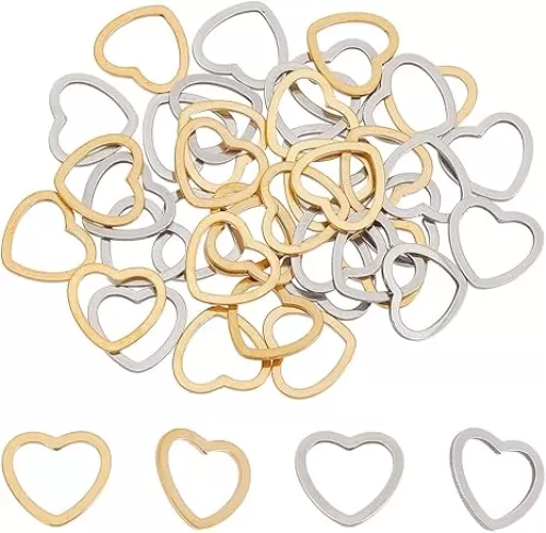 40 Pcs 201 Stainless Steel Heart Connector Rings, 2 Colors Love Hollow Ring Links Heart Charm Frame Valentine Open Bezels for Bracelet Necklace Jewelry Making