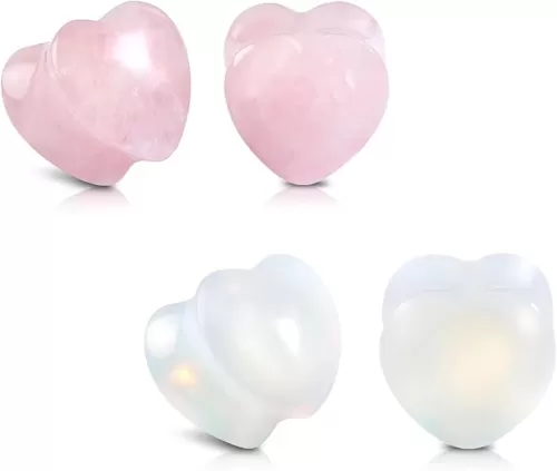 4PCS Ear Plugs Natural Stone Ear Gauges Double Flared Expander Rose Quartz Opal Stone Stretcher for Ear Heart Shape Set Body Piercing Jewelry Earrings for women and men 2G-5/8inch
