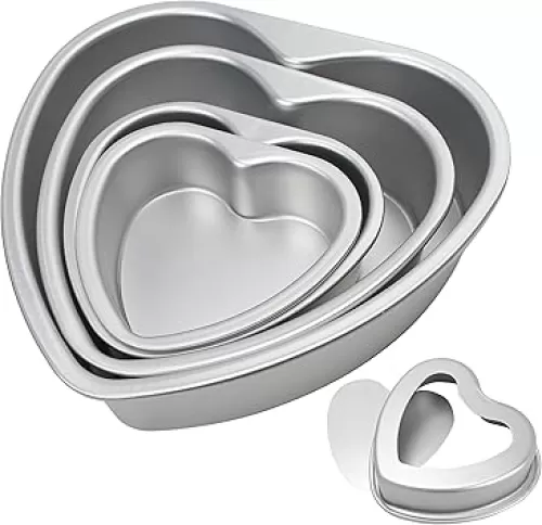 4PCS Heart Shaped Aluminum Pans Set, 5" 6" 8" 10" Sizes, Non-Stick Aluminium Heart Layers, Cake Tray Mold Tin Pack with Removable Bottom for Quiche Muffin Chocolate Oven Baking (Silver Color)
