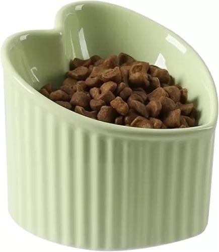 5.5 Inch Raised Tilted Cat Food Bowl, Elevated Ceramic Cat Bowl, Love Heart Shape, Slanted Pet Feeding Dish, Stress Free Feeder Bowl for Kitty, Small Cats, Protect Pet