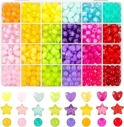 560Pcs Candy Color Pastel Beads Acrylic Heart Beads Stars Beads Colorful Pony Beads Round Beads Cute Loose Plastic Beads Bulk for Jewelry Making DIY Craft Necklace Rainbow Bracelet(Jelly Color Beads)
