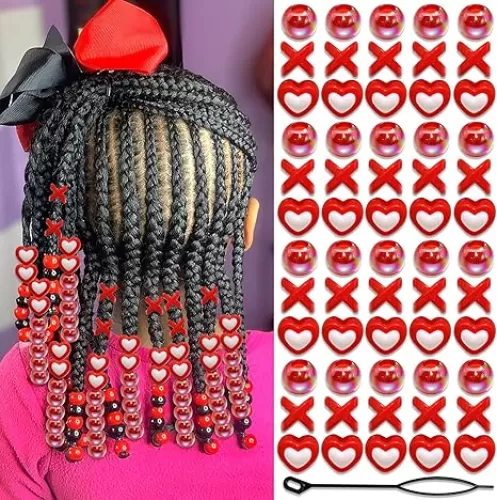 60PCS Red Hair Beads Heart Shape Bead for Kids Girls Loc Dreadlock Jewelry AB Color Round Bead Accessories 3 Styles Cute Hair Decoration Acrylic Pony Beads