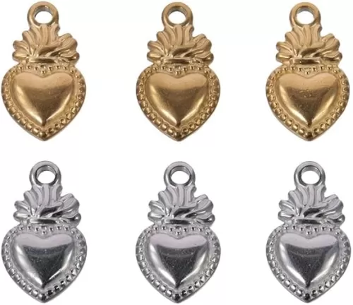 6Pcs Golden Heart Shape Charm Sacred Heart Brass Pendants Charm with Jump Rings forJewelry Making DIY Accessories