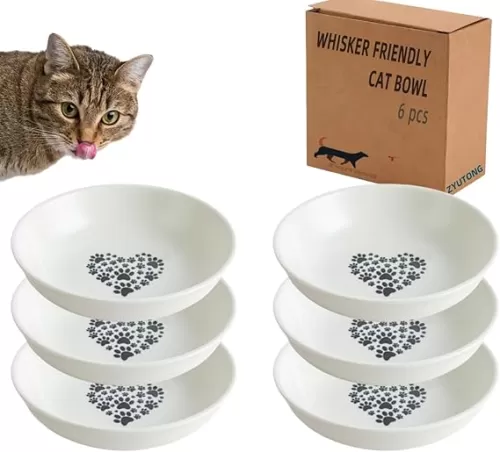 6PCS Whisker Fatigue Ceramic Cat Dishes - 5.5" Shallow Cat Food Bowl, Cute Kitten Plates for Wet Food, Whisker-Friendly, Non-Slip, Wide, White, Heart & Claw Pattern
