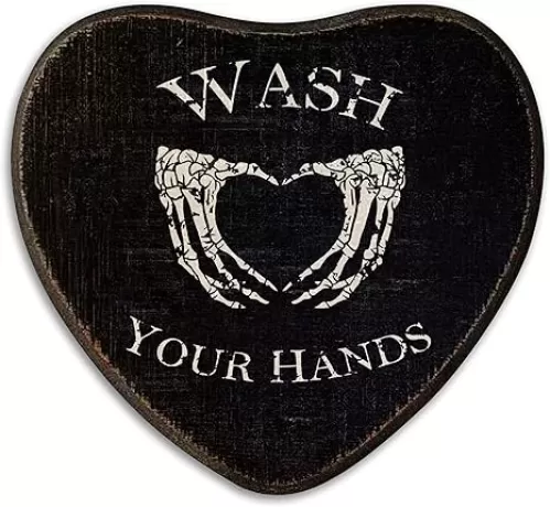 6"X5.5" Gothic Wooden Block Sign - Wash Your Hands - Black Heart-Shaped Wood Plaque, Home & Bathroom Decor, Toilet Ornament, Shelf Supplies, Decorative Housewarming Gift - A06-1
