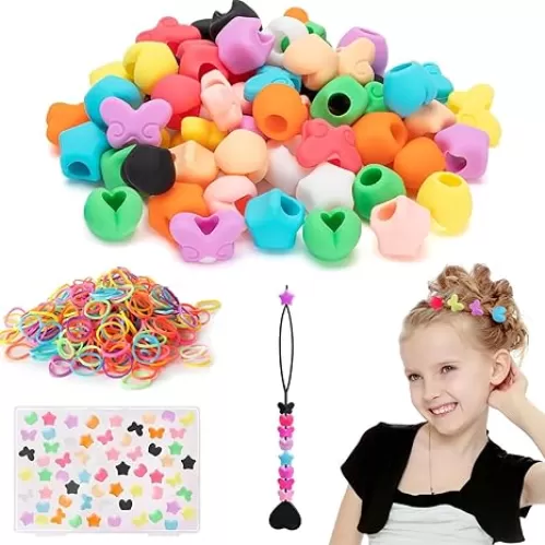 90PCS Silicone Hair Beads for Girls Braids, 5mm Colorful Soft Micro Beads Kit with Butterfly Heart Star Shapes, 10 Colors and 1 Plastic Beaders and Elastic Bands for DIY Hair Accessories