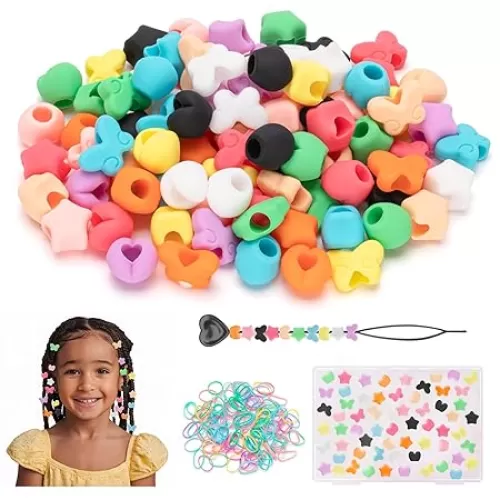 90PCS Silicone Hair Beads for Kids Girls Braids, 5mm Butterfly Heart and Star Washable Hair Beads 10 Colors for Girls Braids Accessories Kids Crafts