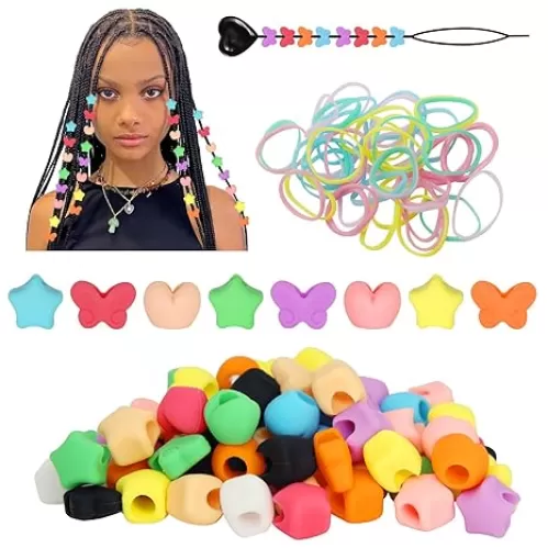 90pcs Silicone Hair Beads for Kids Girls Braids, Colorful Pony Beads Bulk Women Hair Accessories Washable 10 Colors Butterfly Heart Star Crafts