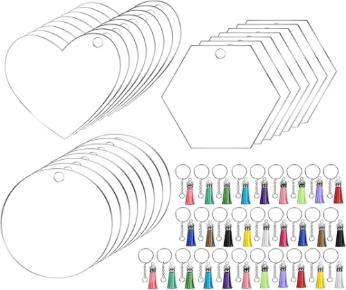 Acrylic Blanks Keychains for Ornament, 120 PCS Acrylic Keychains Set 30 PCS Clear Blanks, Tassels, Key Chain, Jump Rings for Vinyl Crafting DIY Holiday Decoration (Hexagon, Circle, Heart Shape)