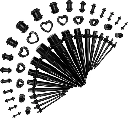 Acrylic, Silicone Ear Stretching Kit: Lightweight Tapers, Heart Tunnels & Plugs for Starter Expanders | Body Piercing Jewelry Earring Gauges Gauging Set for Men, Women (Size: 14G-0000G)