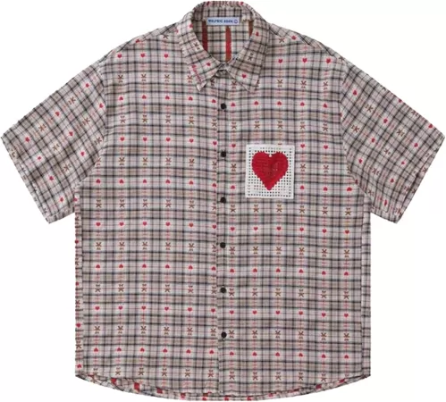 Aelfric Eden Cut-Out Heart Short Sleeve Shirt Collar Button Down Plaid Casual Tshirt Tops