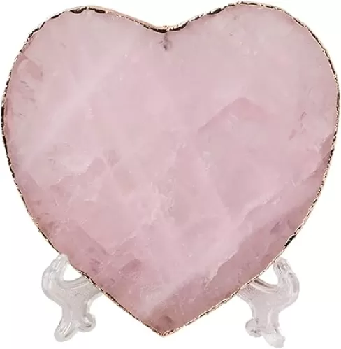 AMOYSTONE Large Heart Stone Rose Quartz Healing Crystals Birthday Gifts for Women, Natural Reiki Meditation Pink Crystal Gilded Edge Heart Shaped 3.5-4"/pc with Plastic Bracket