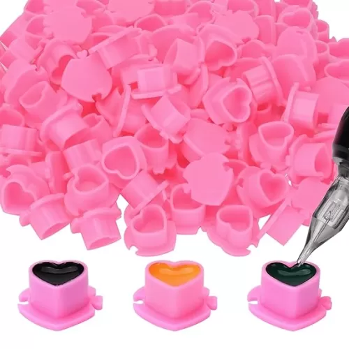 ATOMUS Tattoo Ink Caps With Base 200PCS Heart Shape Pigment Holder Disposable Plastic Pink Pigment Cups Tattoo Accessory Tattoo Supplies