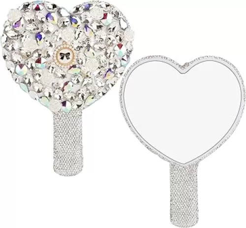 AUEAR, Rhinestone Handheld Mirror Bling Glitter Cosmetic Dazzling Portable Hand Mirrors with Handle for Women White Love Heart