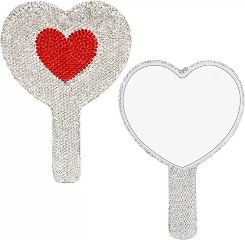 AUEAR, Rhinestone Handheld Mirror Heart Bling Glitter Cosmetic Dazzling Portable Hand Mirrors with Handle for Women White