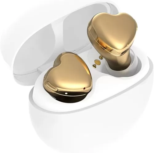 AVIOT TE-I3 Cute Heart-Shaped Wireless Earbuds for Small Ears with Clear Hard Case, Bluetooth 5.3, Up to 23 Hours Playtime, IPX4 Waterproof, Multipoint Connection, Ambient Sound, Bulid in Mic (Gold)