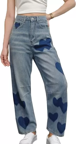 Baggy Jeans for Women Teen Girls High Waist Straight Ankle Leg Heart Print Y2K Boyfriend Jeans Trendy Loose 90s Mom Jeans