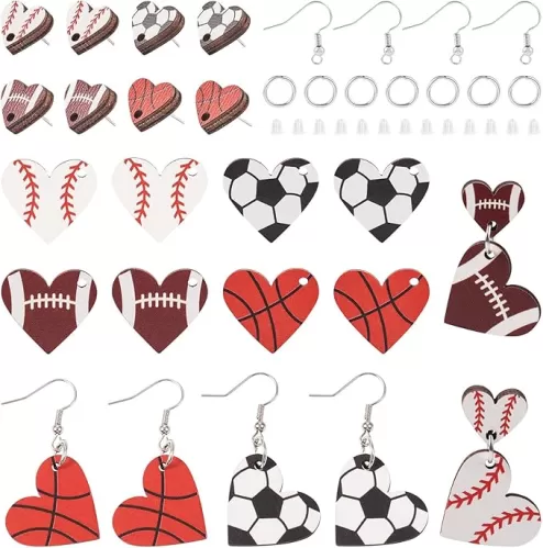 Beadthoven Wood Earrings Making Kit Sports Love Heart Shape Wood Pendants with Stud Earrings Printed Sport Ball Dangle Earring Charms Earring Hooks Jump Rings Ear Nuts for Jewelry Making Sport Lover