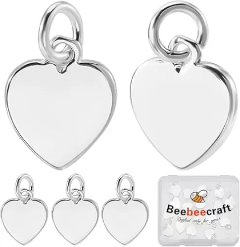 Beebeecraft 1 Box 20Pcs Heart Charms 925 Sterling Silver Plated Love Hearts Shape Charm Dangle Pendants with Jump Rings for Jewelry Making Valentine