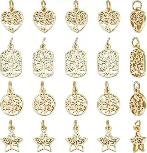 Beebeecraft 1 Box 24Pcs 4Styles Tree of Life Charms 18K Gold Plated Hollow Flat Round Pentagram Rectangle Heart Shape Charms Pendant with Jump Ring for DIY Making Crafts Necklace Bracelet Hole 3mm