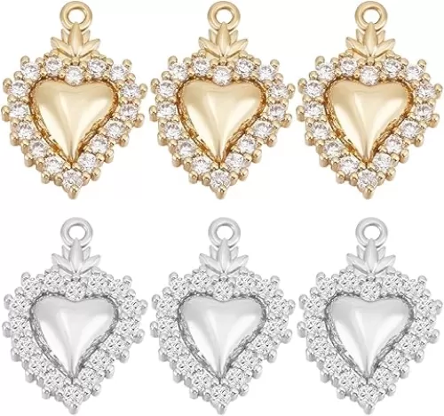 Beebeecraft 1 Box 8Pcs Sacred Heart Pendant Charms 18K Gold Plated Brass Cubic Zirconia Charms Heart Shape Pendants with Jump Rings for DIY Jewelry Making (Golden, Platinum)