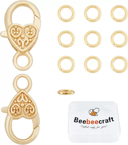 Beebeecraft 20Pcs 18K Gold Plated Lobster Claw Clasps Tibetan Style Heart Shape Bracelet Extender Clasps Connector with 40Pcs Open Jump Rings for DIY Bracelet Necklace Jewelry Making