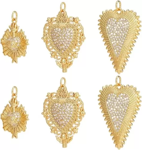 Beebeecraft 6pcs 3 Styles Sacred Heart Charms 18K Gold Plated Cubic Zirconia Pendants Charm Golden Love Shape Charm with Jump Rings for Jewelry Necklace Bracelet Making