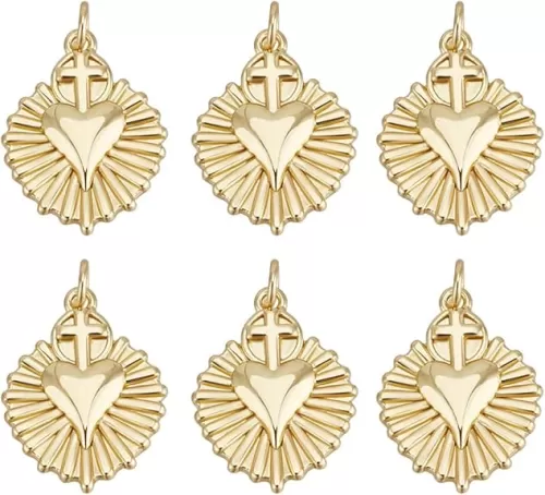 Beebeecraft 8Pcs Sacred Heart Charm 18K Gold Plated Brass Dangle Love Shape Heart Charm with 3.5mm Jump Ring for Jewelry Making Earrings Bracelets Necklaces Craft DIY
