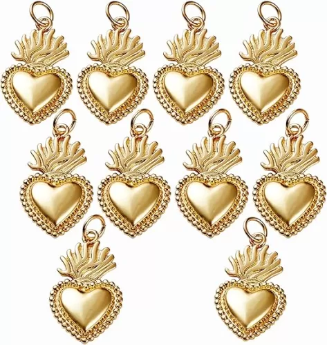 BEEFLYING 10pcs Sacred Heart Brass Pendants Charm Golden Heart Shape Charm with Jump Rings for Jewelry Necklace Bracelet Earring Making