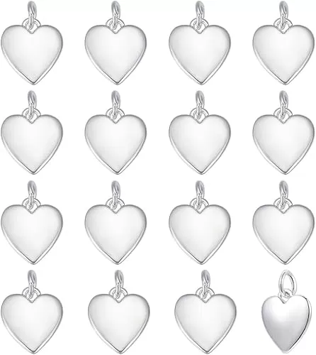 BENECREAT 16 Pcs Brass Heart Pendant Silver Plated Pendant with Jump Rings 9x8x1.8mm Shiny Heart Pendant Suitable for Bracelets Jewelry and DIY Projects