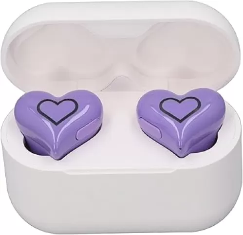 Bewinner Heart Shaped Cordless Earbud, Bluetooth 5.3 HiFi Stereo Earphones, Noise Canceling Headphones with Charging Case for Gym Office School (Rose)