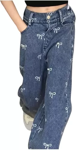 Big Girls Wide Leg Jeans Heart Embroidery Denim Pants Vintage Loose Fit Baggy Casual Straight Leg Pants with Pockets