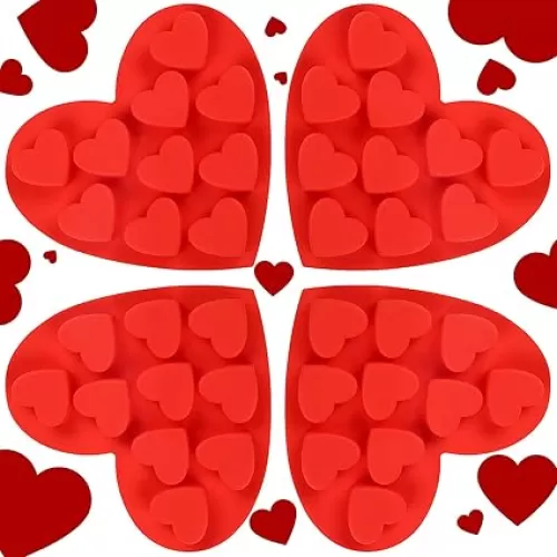 Boao 4 Pack/40-cavity Valentine Silicone Molds 0.24 oz Non Stick Chocolate Heart Shaped Molds for Baking Pudding, Cake, Candy, Cookie, Ice Cube, Soap Making(Red)