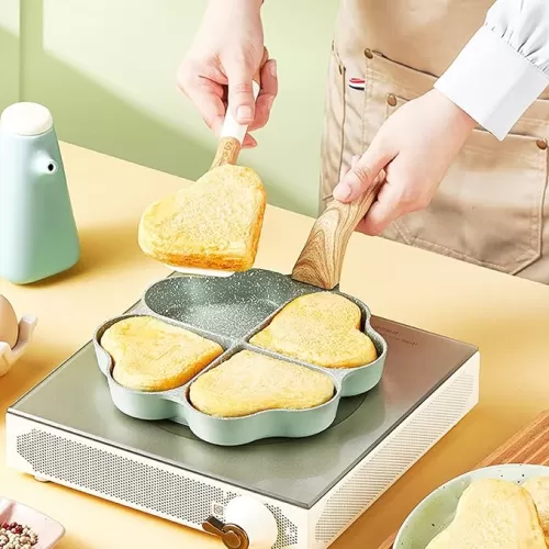 BORDSTRACT Egg Frying Pan, Aluminum Alloy Heart Shaped Nonstick 4 Cup Uniform Heating Pancake Pan with Handle Suitable for Gas Stove Induction Cooker(Green)
