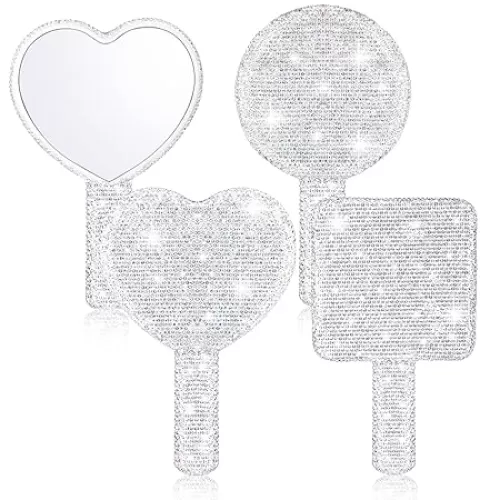 Bucherry 3 Pcs Rhinestone Hand Mirror Heart Shaped Bling Dazzling Hand Held Mirrors Square Round Shape white Cosmetic Portable Decorative Personal Makeup Mirrors for Women Wedding Gift