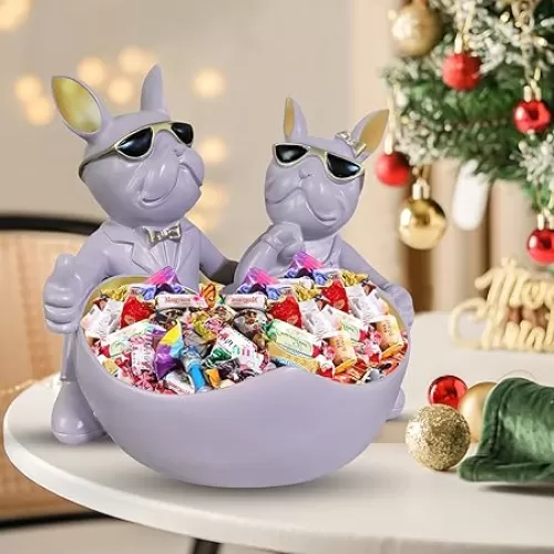 Bulldog Lovers Candy Bowl Decor，Heart-Shaped Key Holder Bowl Candy Dish, Bulldog Accessories, Resin Bulldog Statue for Office Desk Home Decor Figurines Entryway Table Decor (Purple Grey)