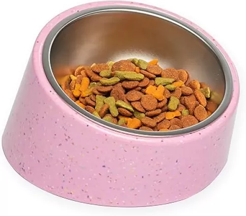 Bzyoo 2 Cup Tilted Dog Bowl for Small Dogs & Cats, Stylish Sprinkle Design, Elevated, Stainless Steel 16oz Inner Bowl, Non-Skid, Reduce Spillage, BPA-Free, Dishwasher Safe Color:Pink