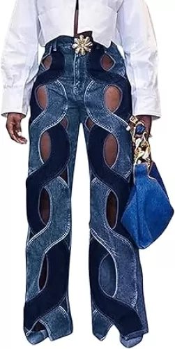 CHARTOU Women's Chic Metal Hollow Out Cable Twist Back Heart Flare Bell Bottom Denim Jeans Pants