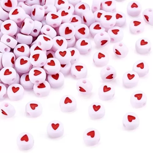 Cheriswelry 200pcs 7mm White Acrylic Heart Pony Beads Mini Red Love Heart Plastic Loose Disc Coin Beads Spacer for Women Bracelet Necklace Jewelry Making Supplies