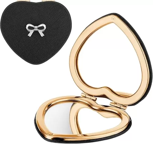 Compact Folding Heart Shaped Double-Sided 1X/2X Magnifying Mini Glitter Makeup Mirror with PU Leather for Women Home, Office and Travel (Gold)