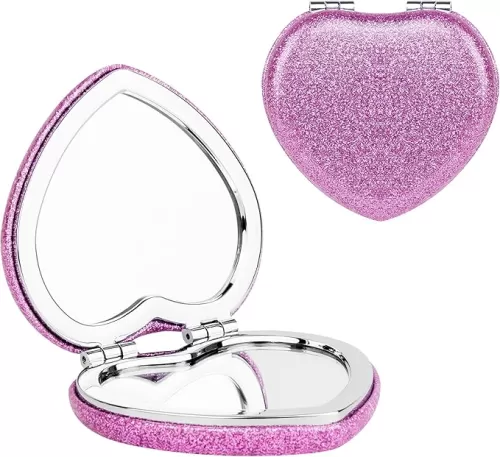 Compact Folding Mirror, Heart-Shaped Double-Sided Travel Mirror, Hand Mirror Double-Sided with 2 x 1x Magnification for Woman Mother (Bling Purple)