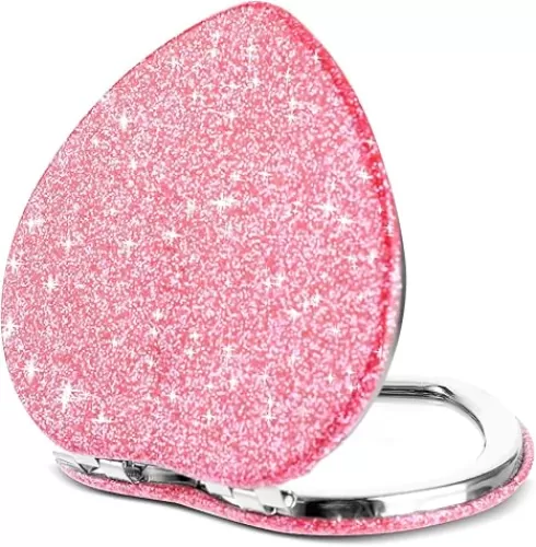 Compact Folding Mirror Heart Shaped Magnifying Mini Vanity Mirror Portable Travel Makeup Mirror for Purse Double-Sided Cute Glitter Cosmetic Mirror for Women Home Office Valentine
